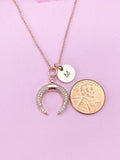 Rose Gold Cubic Zirconia Crescent Moon Necklace, Initial Charm
