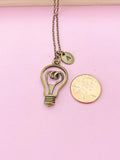 Bronze Light Bulb Initial Necklace, Science Gift