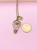 Bronze Light Bulb Initial Necklace, Science Gift