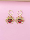 Gold Spider Charm Earrings, Cute Red Black Spider Insect Dangle or Huggie Hoop Earrings, N3245