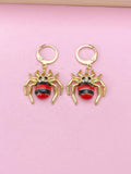 Gold Spider Dangle Earrings, Red Black Enamel Insect Hoop Earrings