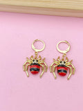 Gold Spider Dangle Earrings, Red Black Enamel Insect Hoop Earrings