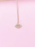 Rose Gold Lip Necklace, Cubic Zirconia Brass Charm