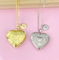 Gold Heart Flower Locket Pendant Necklace, Love Necklace, Keepsake Photo Frame Charm, N3842