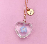 Gold Forget Me Not Real Press Flower Heart Charm Necklace, Wish Gifts, N5778
