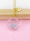 Gold Dandelion Three Forget Me Not Real Flower Charm Necklace, Wish Gifts, N5779