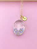 Gold Two Dandelion Three Forget Me Not Real Flower Oval Charm Necklace, Wish Gifts, N5780