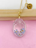Gold Two Dandelion Three Forget Me Not Real Flower Oval Charm Necklace, Wish Gifts, N5780