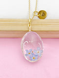 Gold One Dandelion Three Forget Me Not Real Flower Oval Charm Necklace, Wish Gifts, N57801