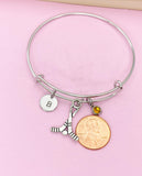 Silver Hockey Stick Charm Bracelet, Initial, Birthstone