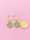 Gold Christmas Wreath Charm Earrings, Red Green Wreath Flower Jewelry, N3257