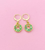 Gold Christmas Wreath Charm Earrings, Red Green Wreath Flower Jewelry, N3257