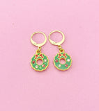Gold Christmas Wreath Charm Earrings, Red Green Wreath Flower Jewelry, N3257