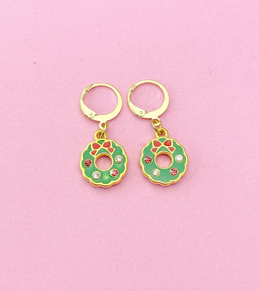 Gold Christmas Wreath Charm Earrings, Red Green Wreath Flower Jewelry, N3257