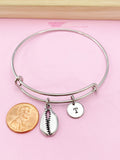 Cowrie Shell Bracelet, Initial Charm, Stainless Steel Bangle