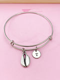 Cowrie Shell Bracelet, Initial Charm, Stainless Steel Bangle