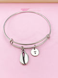Cowrie Shell Bracelet, Initial Charm, Stainless Steel Bangle