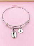 Cowrie Shell Bracelet, Initial Charm, Stainless Steel Bangle
