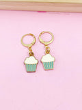 Gold Cute Cupcake Earrings, Blue Pale Turquoise Cupcake Foodie Gidt, N3219
