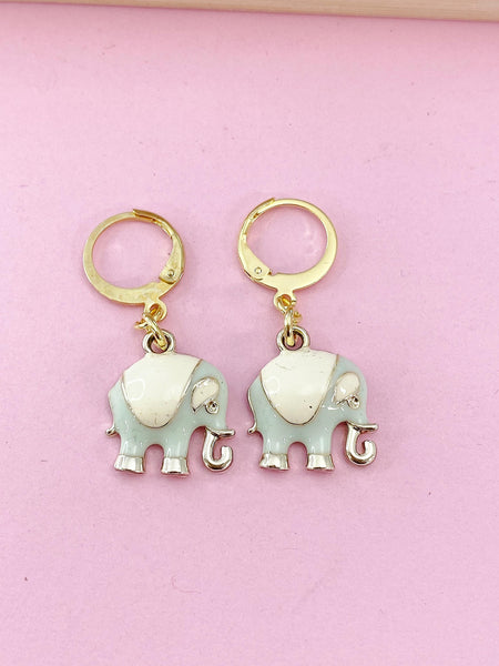 Gold Light Blue Elephant Charm Earrings, N3053