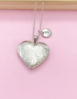 Silver Heart Flower Locket Necklace, Love, Valentine Gift, Keepsake Photo Frame Charm, L013