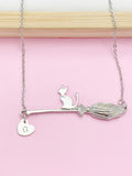 Silver Cute Cat Riding Witch Broom Charm Necklace, Cat On A Broom, Halloween Gift, N5784