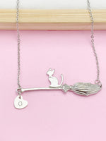 Silver Cute Cat Riding Witch Broom Charm Necklace, Cat On A Broom, Halloween Gift, N5784