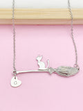 Silver Cute Cat Riding Witch Broom Charm Necklace, Cat On A Broom, Halloween Gift, N5784