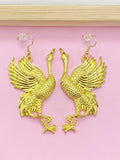 Gold Crane Dangle Earrings, Manchurian Bird Jewelry, N2701
