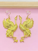 Gold Red Crowned Crane Charm Earrings, Large Earrings, Manchurian Crane, Japanese Crane, Luck Longevity Fidelity Jewelry, N2701