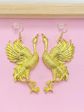 Gold Crane Dangle Earrings, Manchurian Bird Jewelry, N2701