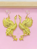 Gold Red Crowned Crane Charm Earrings, Large Earrings, Manchurian Crane, Japanese Crane, Luck Longevity Fidelity Jewelry, N2701