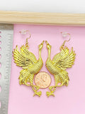Gold Crane Dangle Earrings, Manchurian Bird Jewelry, N2701
