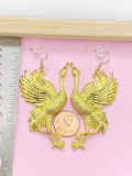 Gold Red Crowned Crane Charm Earrings, Large Earrings, Manchurian Crane, Japanese Crane, Luck Longevity Fidelity Jewelry, N2701