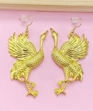Gold Crane Dangle Earrings, Manchurian Bird Jewelry, N2701