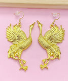 Gold Red Crowned Crane Charm Earrings, Large Earrings, Manchurian Crane, Japanese Crane, Luck Longevity Fidelity Jewelry, N2701