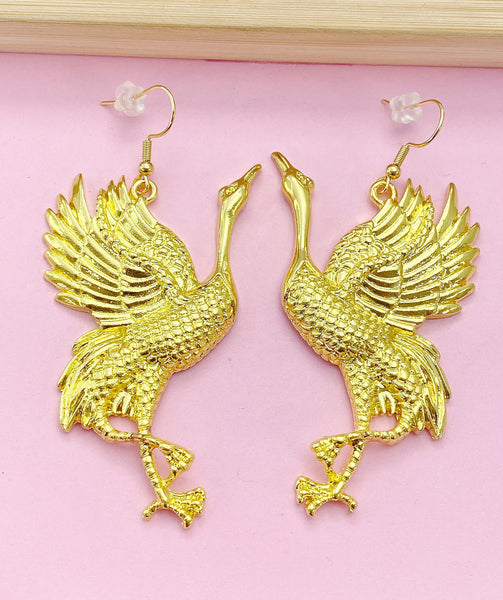 Gold Red Crowned Crane Charm Earrings, Large Earrings, Manchurian Crane, Japanese Crane, Luck Longevity Fidelity Jewelry, N2701