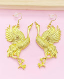 Gold Crane Dangle Earrings, Manchurian Bird Jewelry, N2701