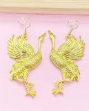 Gold Red Crowned Crane Charm Earrings, Large Earrings, Manchurian Crane, Japanese Crane, Luck Longevity Fidelity Jewelry, N2701
