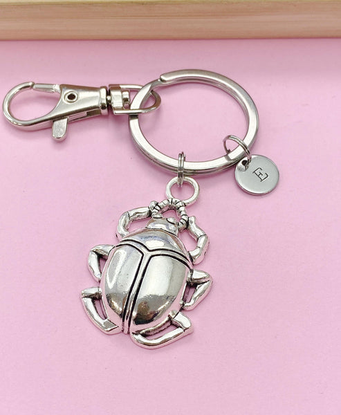 Silver Scarab Beetle Bug Charm Keychain, Personalized Initial Gift, N4469