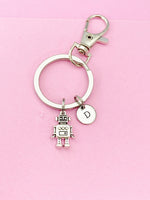 Silver Robot Charm Keychain, Robotic Gift, Personalized Initial Keychain, N4916