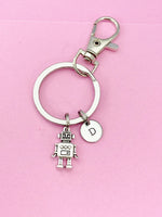 Silver Robot Charm Keychain, Robotic Gift, Personalized Initial Keychain, N4916