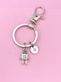 Silver Robot Charm Keychain, Robotic Gift, Personalized Initial Keychain, N4916