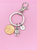 Silver Robot Charm Keychain, Robotic Gift, Personalized Initial Keychain, N4916