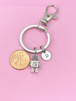 Silver Robot Charm Keychain, Robotic Gift, Personalized Initial Keychain, N4916
