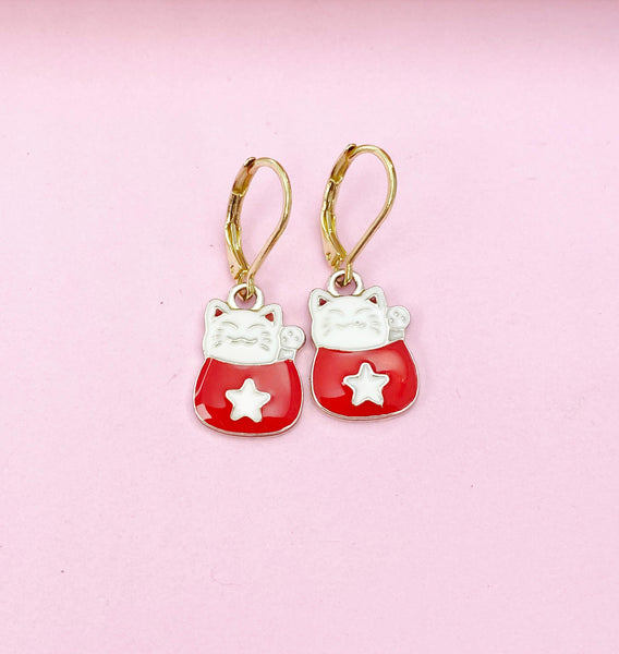 Lucky Earrings, Graduation Gift, Gold Maneki Neko Earrings, Cute Lucky Cat Star Charm Earrings, N3141
