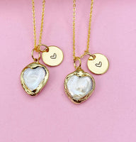 Gold Heart Natural Cultured Pearl Necklace, June Birthday's Gift, N3402