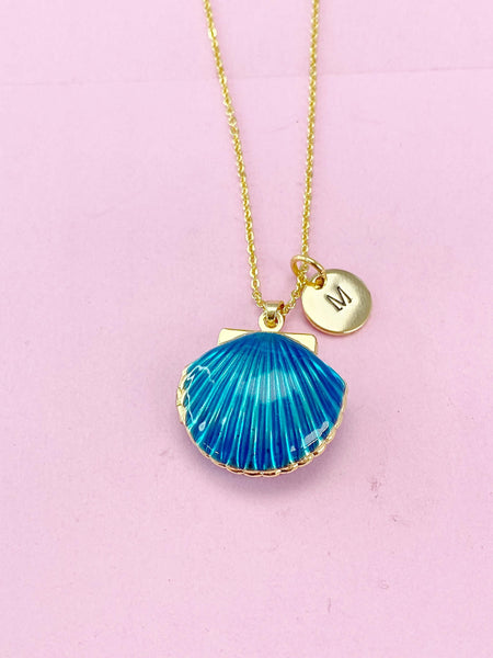 Gold Blue Shell Locket Charm Necklace, Mermaid Girl Gifts, Personalized Customized Gifts, N5277B