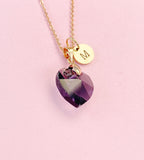 Purple Crystal Heart Necklace, Rose Gold Initial Charm