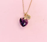 Purple Crystal Heart Necklace, Rose Gold Initial Charm
